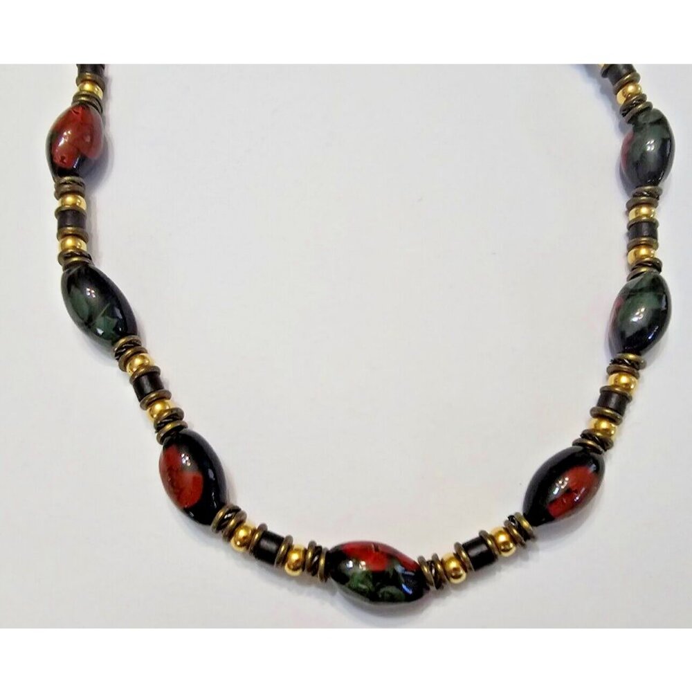 Vintage Red Rose Floral Painted Ceramic Bead Necklace